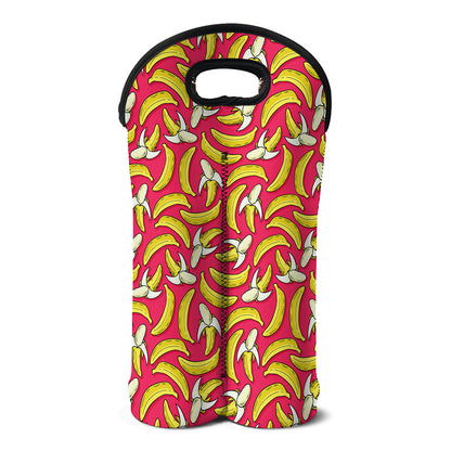 Pink Cartoon Banana Pattern Print Double Neoprene Wine Tote