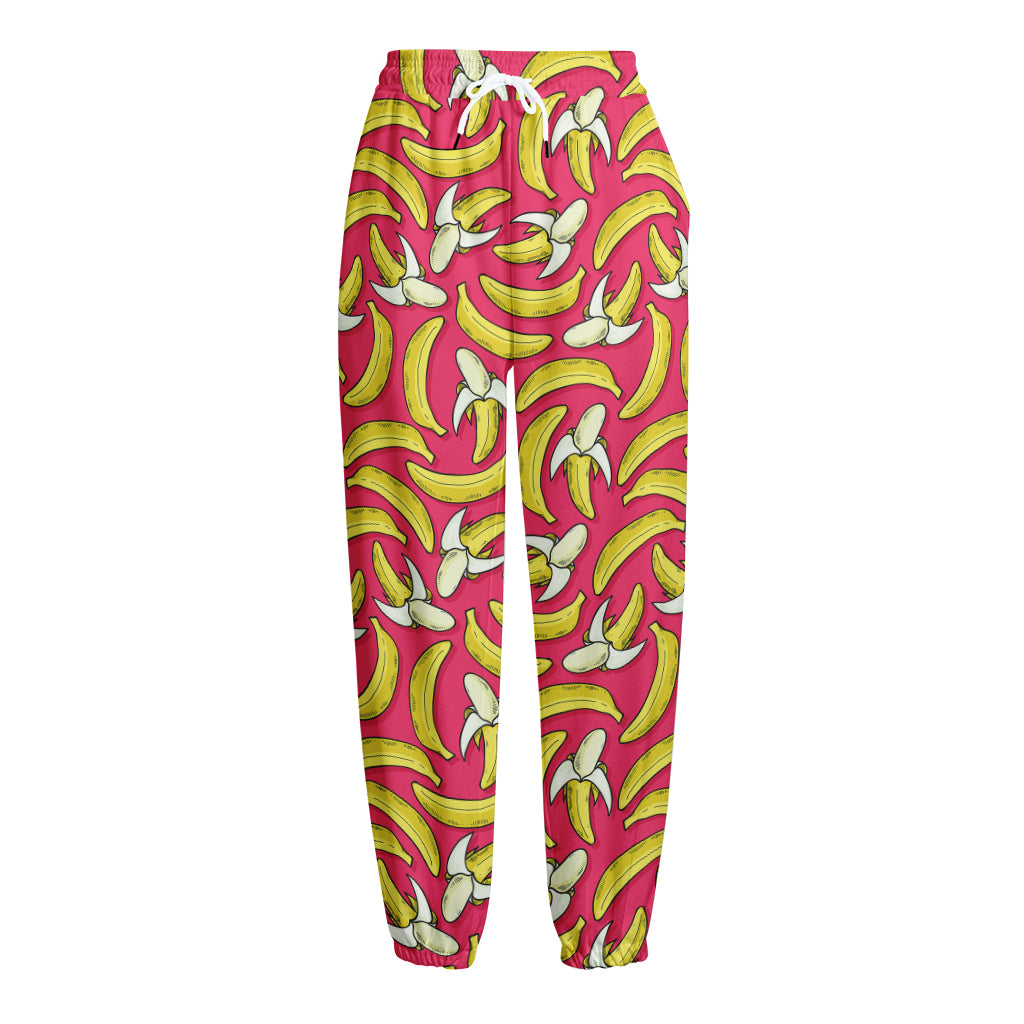Pink Cartoon Banana Pattern Print Fleece Lined Knit Pants