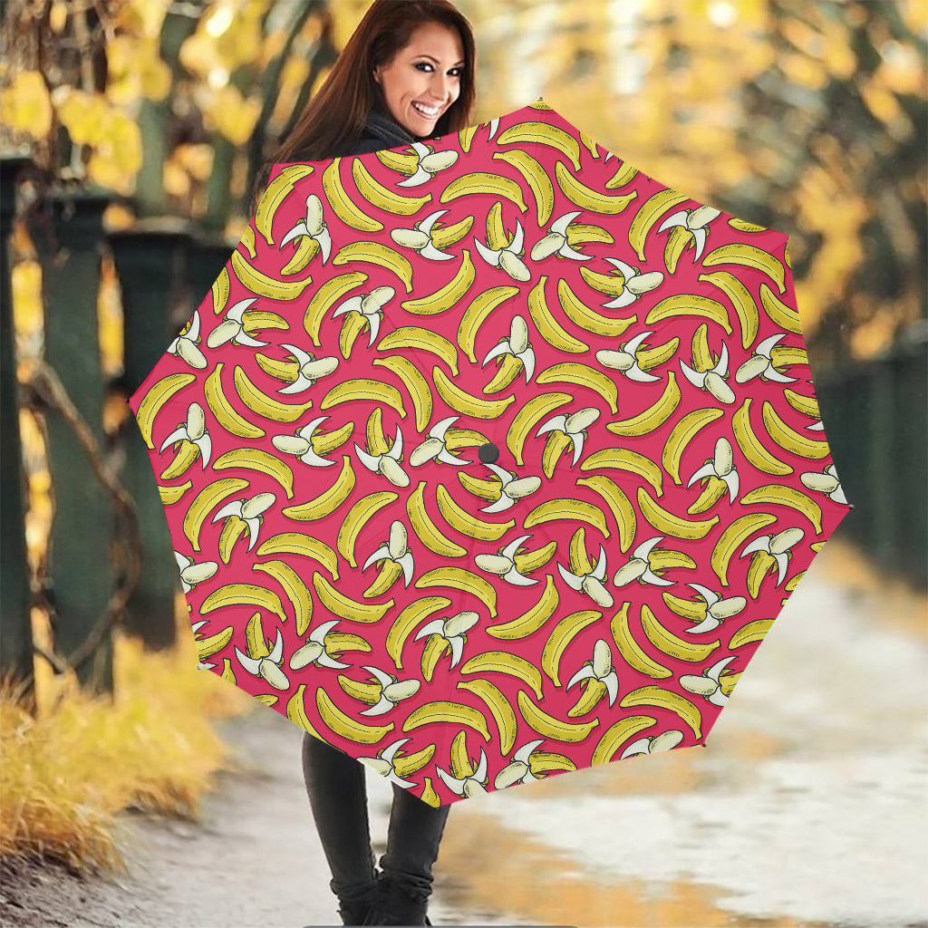 Pink Cartoon Banana Pattern Print Foldable Umbrella