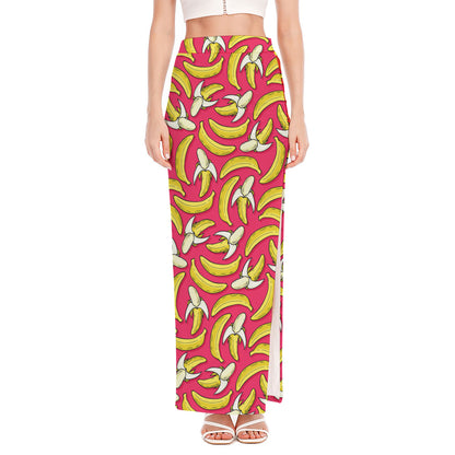 Pink Cartoon Banana Pattern Print High Slit Maxi Skirt