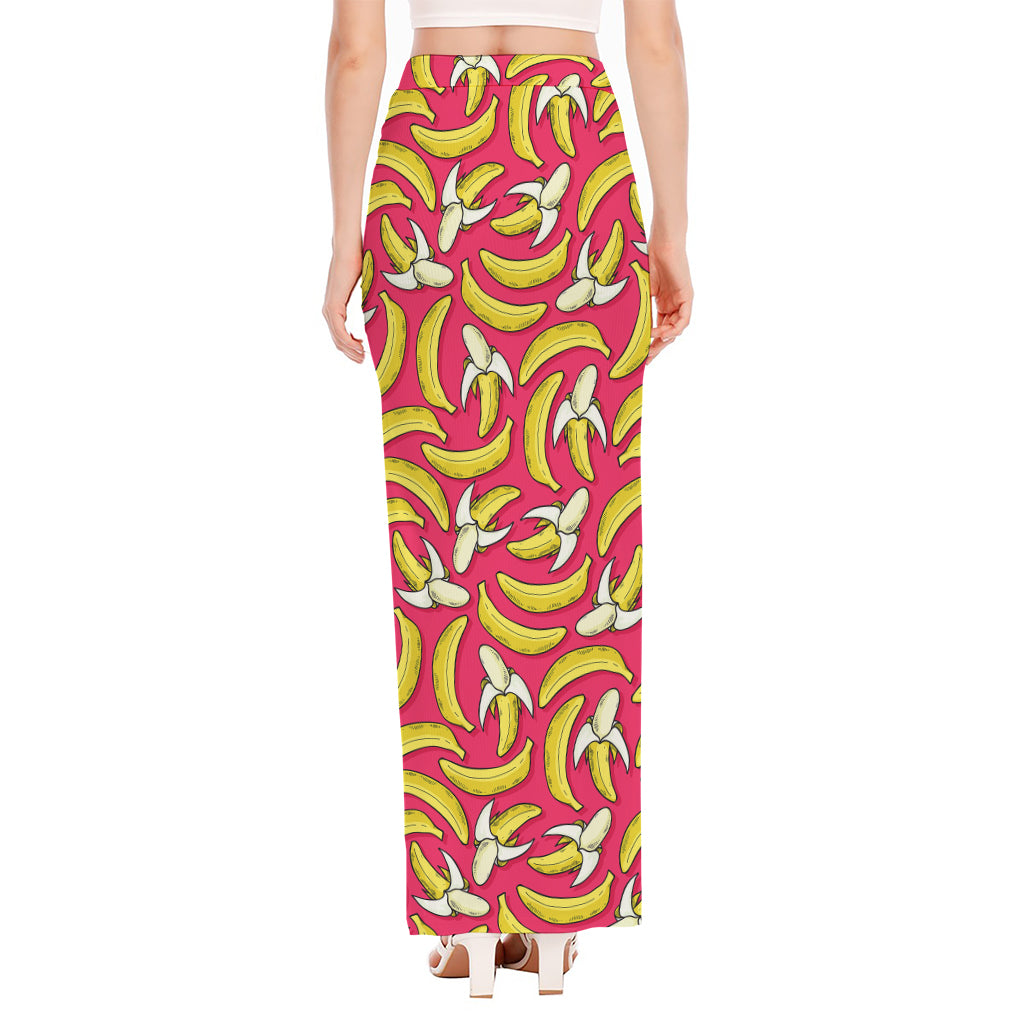 Pink Cartoon Banana Pattern Print High Slit Maxi Skirt