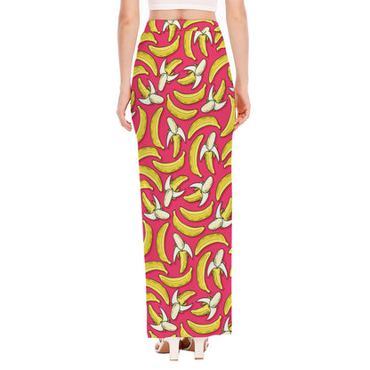 Pink Cartoon Banana Pattern Print High Slit Maxi Skirt
