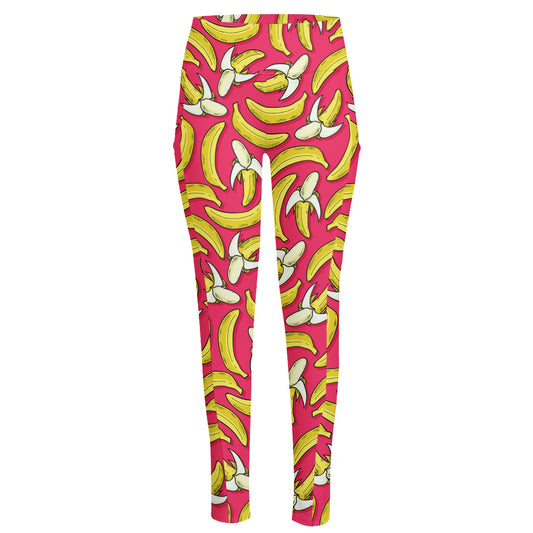 Pink Cartoon Banana Pattern Print High-Waisted Pocket Leggings