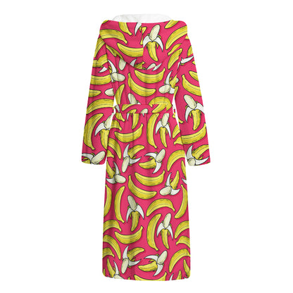 Pink Cartoon Banana Pattern Print Hooded Bathrobe