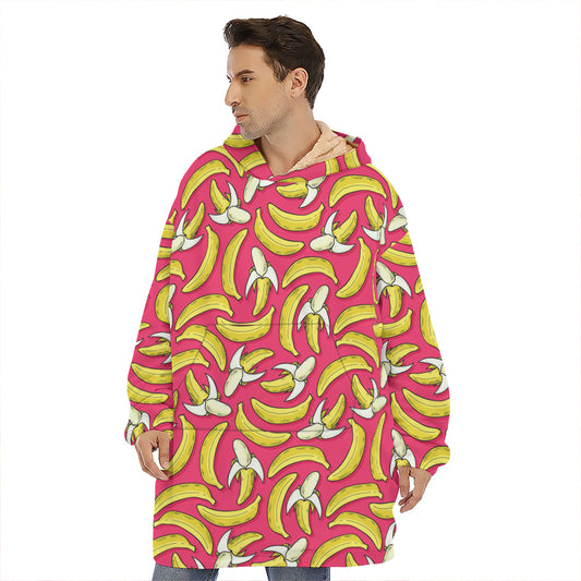 Pink Cartoon Banana Pattern Print Hoodie Blanket