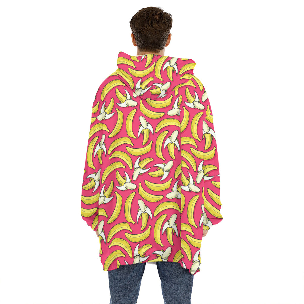 Pink Cartoon Banana Pattern Print Hoodie Blanket