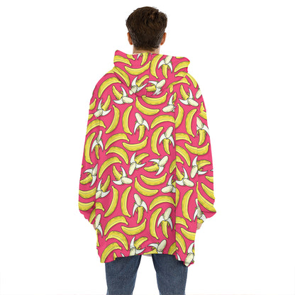 Pink Cartoon Banana Pattern Print Hoodie Blanket