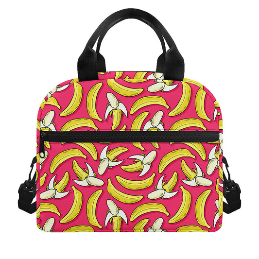 Pink Cartoon Banana Pattern Print Insulated Lunch Bag