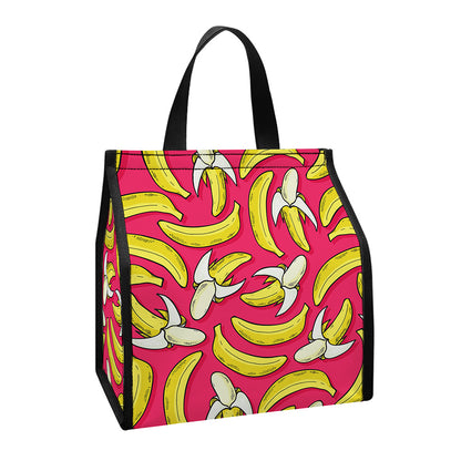 Pink Cartoon Banana Pattern Print Insulated Lunch Tote