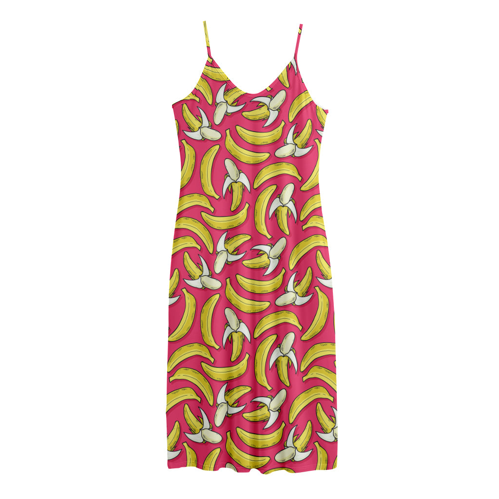 Pink Cartoon Banana Pattern Print Jersey Midi Cami Dress