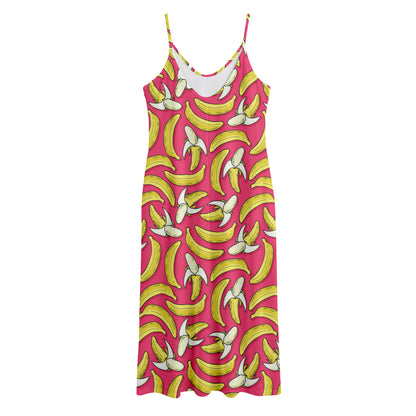 Pink Cartoon Banana Pattern Print Jersey Midi Cami Dress