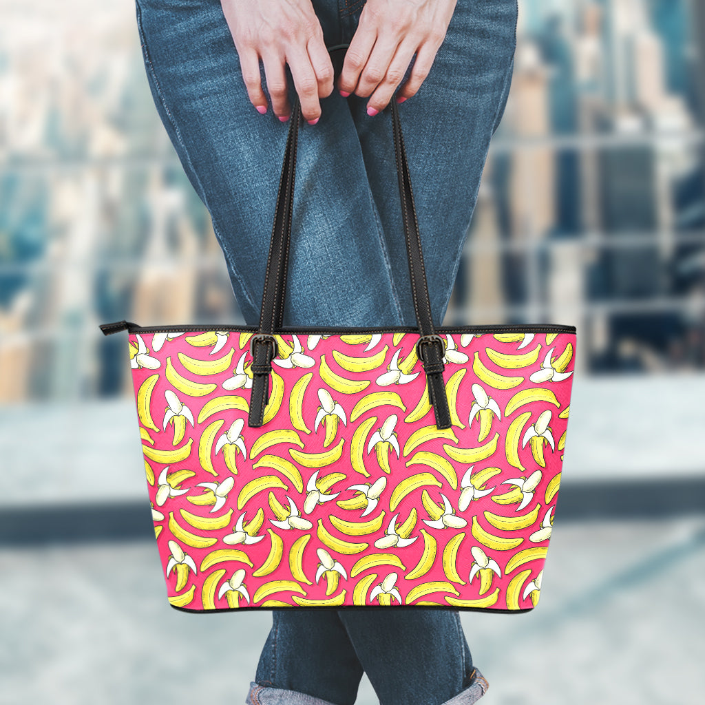 Pink Cartoon Banana Pattern Print Leather Tote Bag