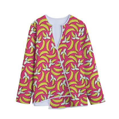 Pink Cartoon Banana Pattern Print Long Sleeve Short Coat