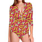 Pink Cartoon Banana Pattern Print Long Sleeve Swimsuit