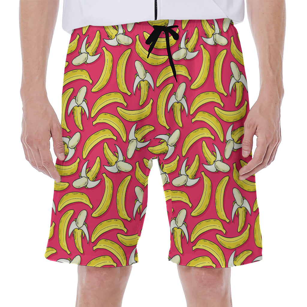 Pink Cartoon Banana Pattern Print Men's Beach Shorts