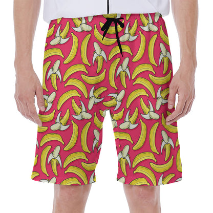 Pink Cartoon Banana Pattern Print Men's Beach Shorts