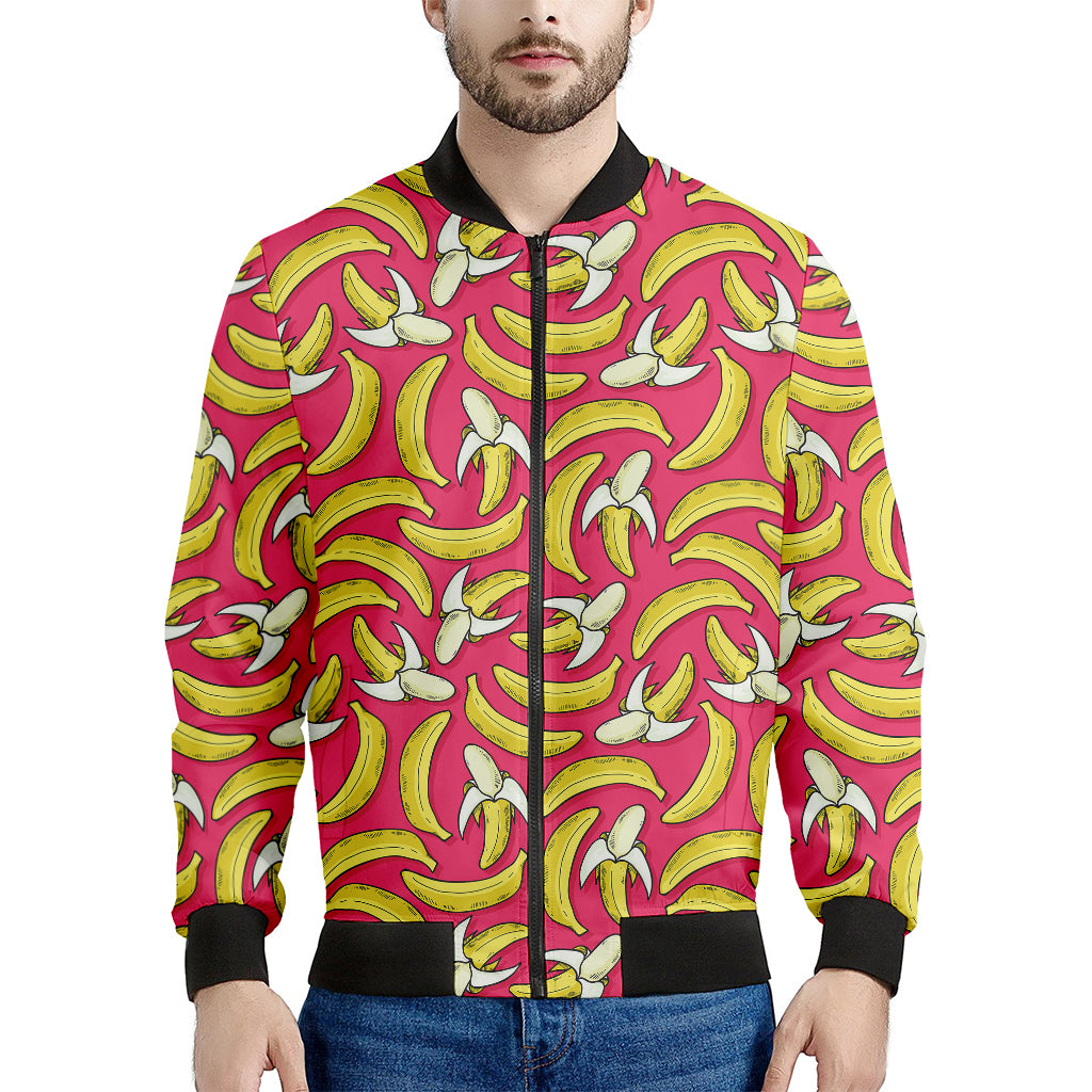 Pink Cartoon Banana Pattern Print Men's Bomber Jacket