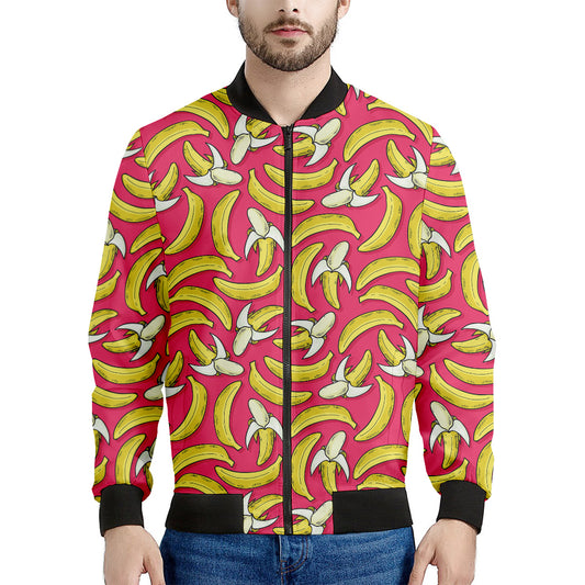 Pink Cartoon Banana Pattern Print Men's Bomber Jacket