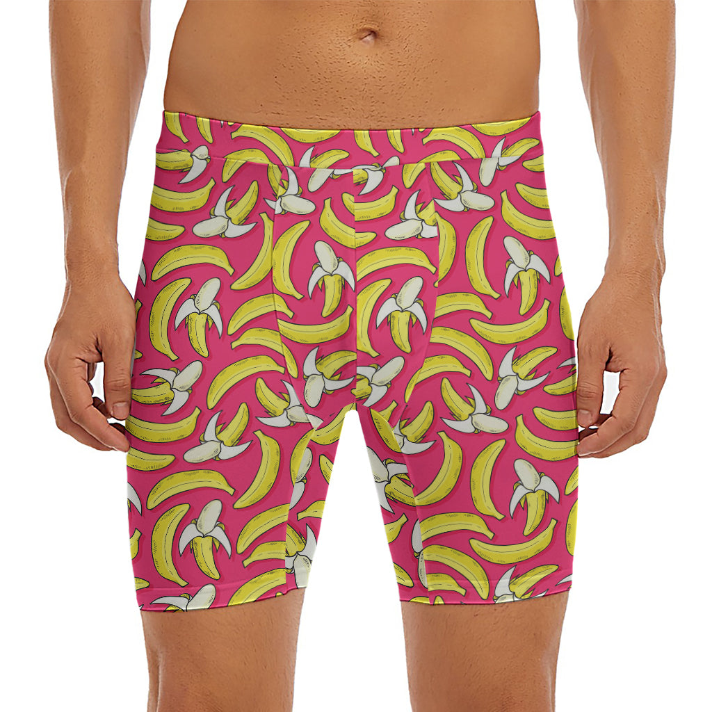 Pink Cartoon Banana Pattern Print Men's Long Boxer Briefs