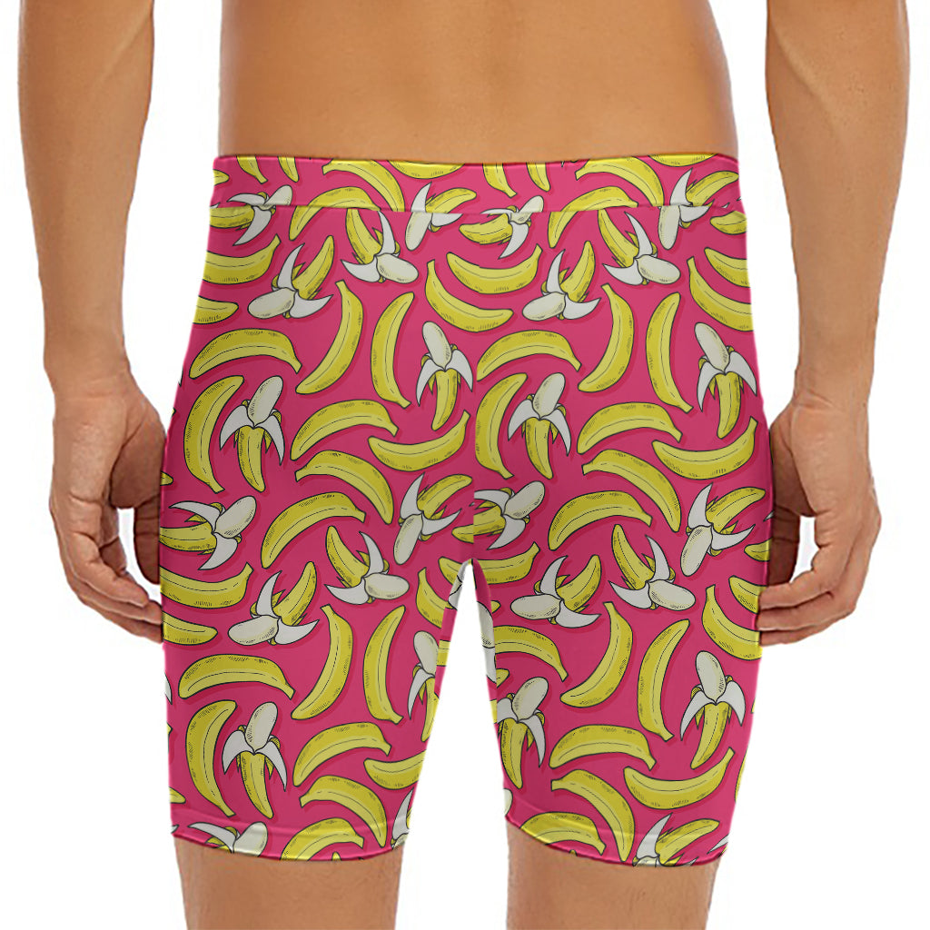 Pink Cartoon Banana Pattern Print Men's Long Boxer Briefs