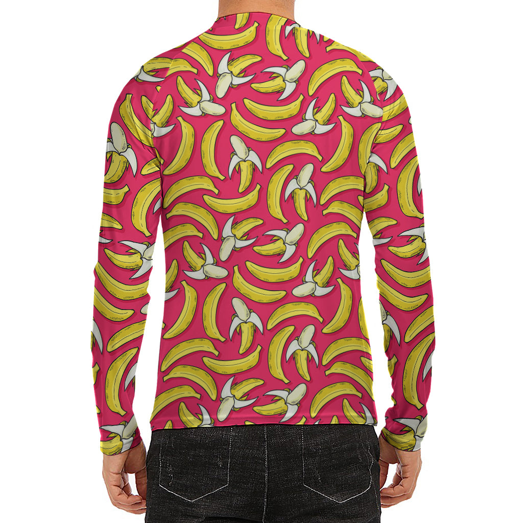 Pink Cartoon Banana Pattern Print Men's Long Sleeve Rash Guard