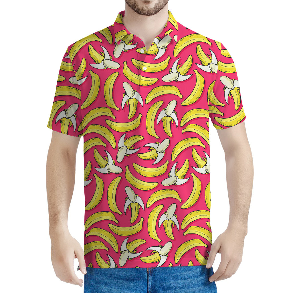 Pink Cartoon Banana Pattern Print Men's Polo Shirt