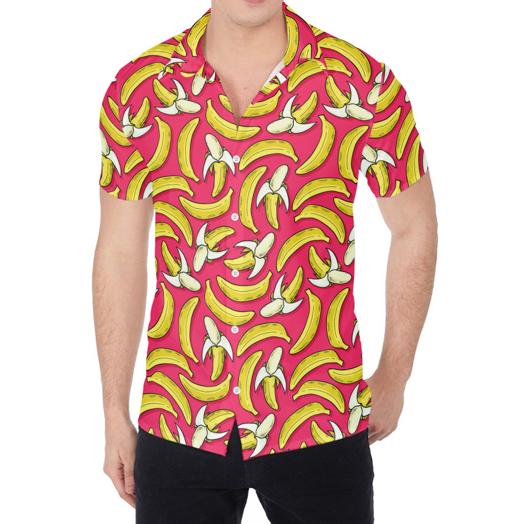 Pink Cartoon Banana Pattern Print Men's Shirt