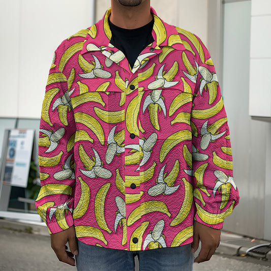 Pink Cartoon Banana Pattern Print Men's Shirt Jacket