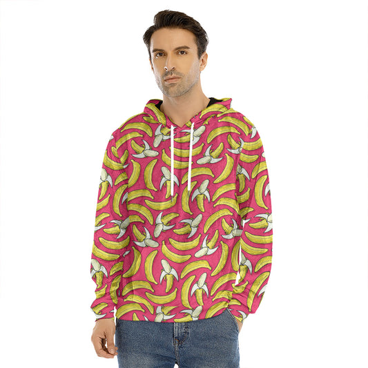 Pink Cartoon Banana Pattern Print Men's Velvet Pullover Hoodie