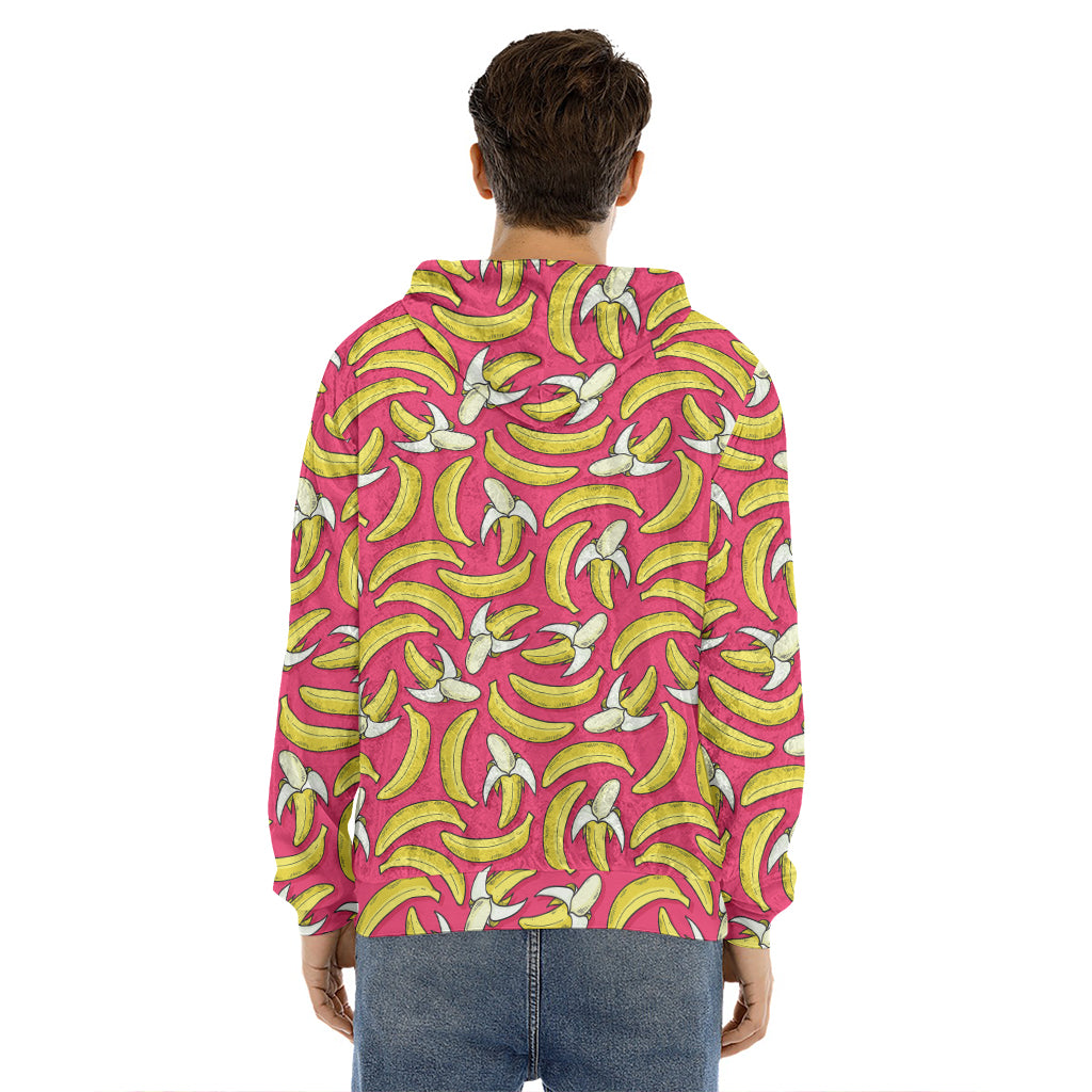 Pink Cartoon Banana Pattern Print Men's Velvet Pullover Hoodie