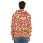 Pink Cartoon Banana Pattern Print Men's Velvet Pullover Hoodie