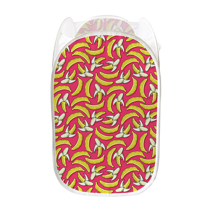 Pink Cartoon Banana Pattern Print Mesh Laundry Hamper