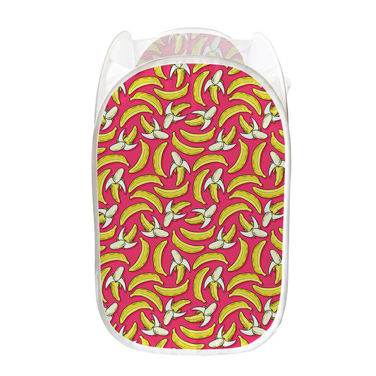 Pink Cartoon Banana Pattern Print Mesh Laundry Hamper
