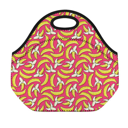 Pink Cartoon Banana Pattern Print Neoprene Lunch Bag