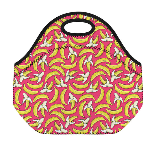 Pink Cartoon Banana Pattern Print Neoprene Lunch Bag