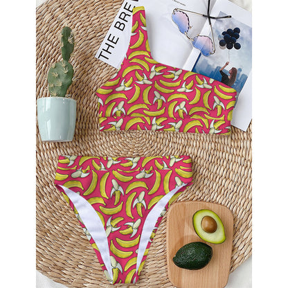 Pink Cartoon Banana Pattern Print One Shoulder Bikini Top