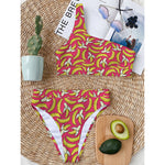 Pink Cartoon Banana Pattern Print One Shoulder Bikini Top