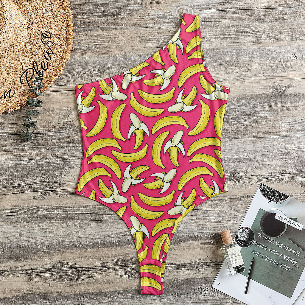 Pink Cartoon Banana Pattern Print One Shoulder Bodysuit