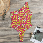 Pink Cartoon Banana Pattern Print One Shoulder Bodysuit