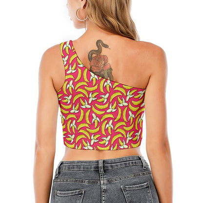 Pink Cartoon Banana Pattern Print One Shoulder Crop Top