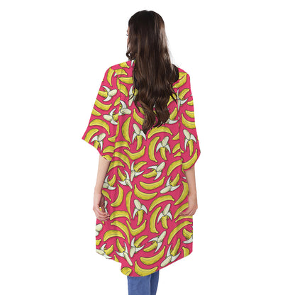 Pink Cartoon Banana Pattern Print Open Front Beach Cover Up