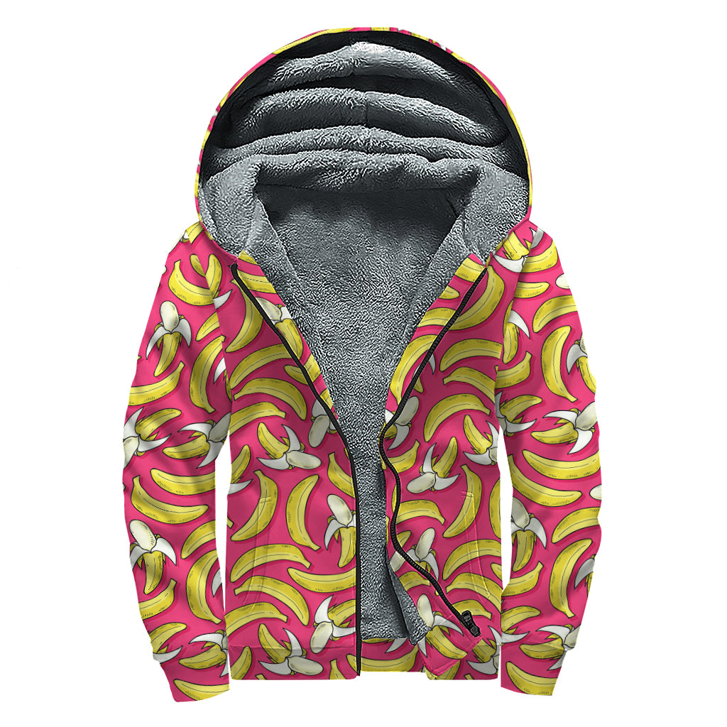 Pink Cartoon Banana Pattern Print Sherpa Lined Zip Up Hoodie