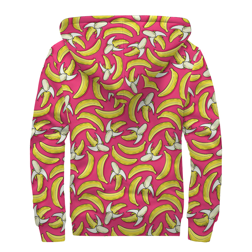Pink Cartoon Banana Pattern Print Sherpa Lined Zip Up Hoodie