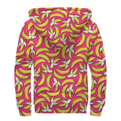 Pink Cartoon Banana Pattern Print Sherpa Lined Zip Up Hoodie