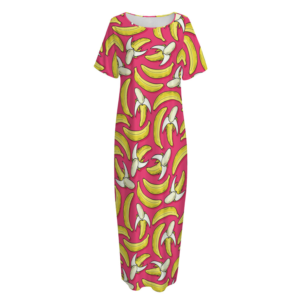 Pink Cartoon Banana Pattern Print Short Sleeve Long Nightdress