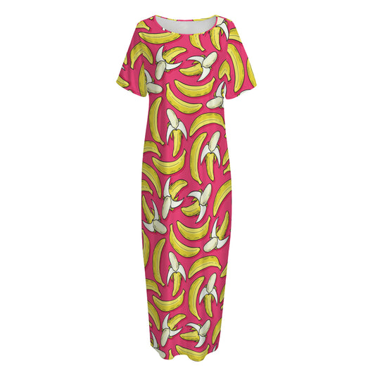 Pink Cartoon Banana Pattern Print Short Sleeve Long Nightdress