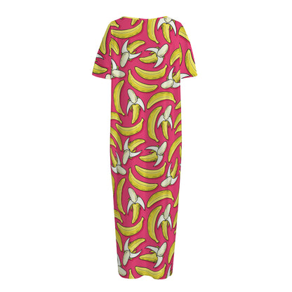 Pink Cartoon Banana Pattern Print Short Sleeve Long Nightdress