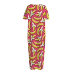 Pink Cartoon Banana Pattern Print Short Sleeve Long Nightdress
