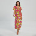 Pink Cartoon Banana Pattern Print Short Sleeve Maxi Dress