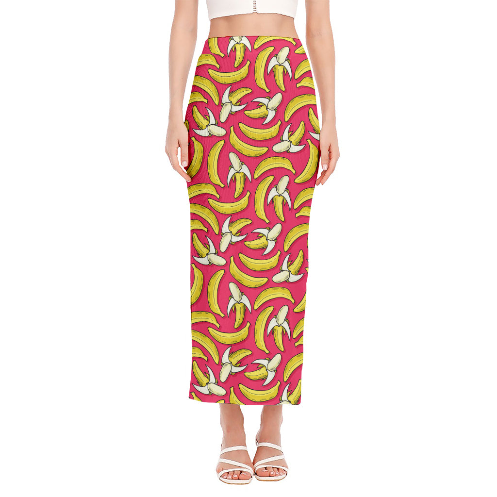 Pink Cartoon Banana Pattern Print Side Slit Maxi Skirt
